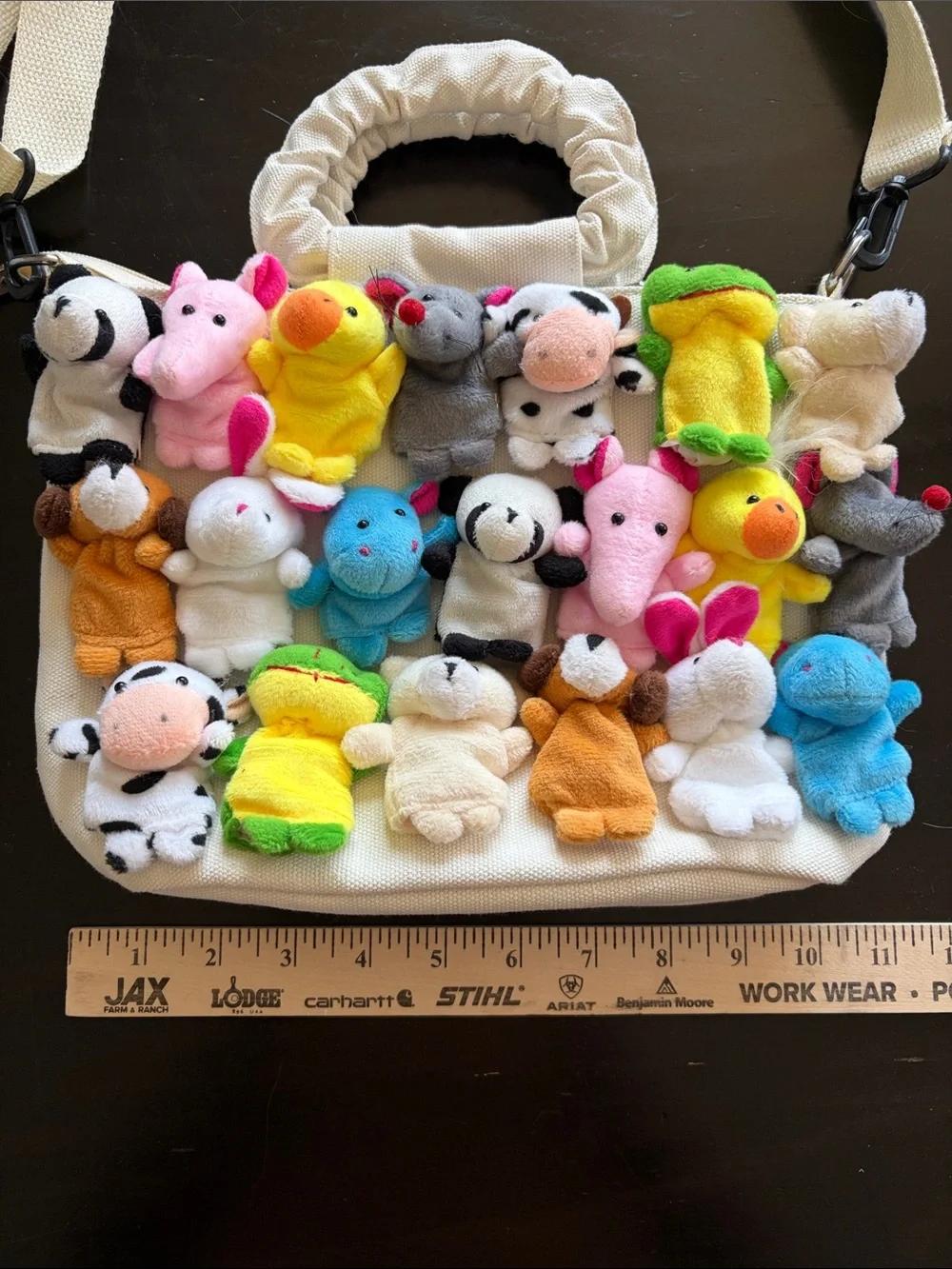 Kids Plush Finger Puppet Canvas Tote Bag - White with Multicolor Plush Animals